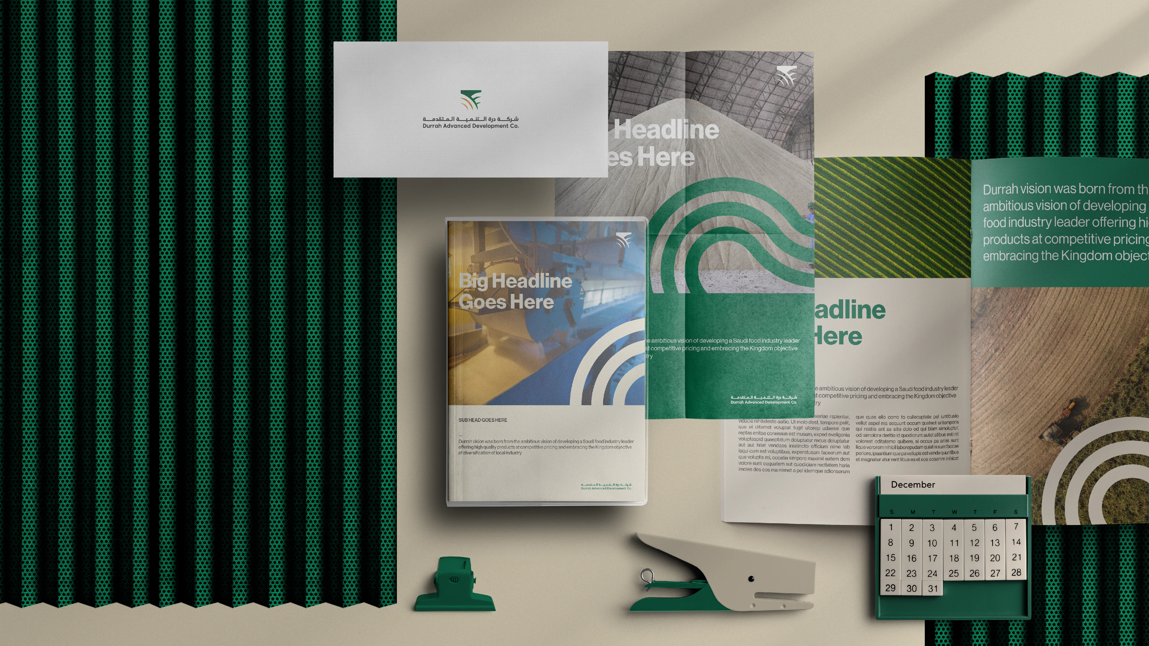 Marketing collateral for Durrah Sugar featuring brochures, envelopes, calendar, and branded stationery with green and white design elements.