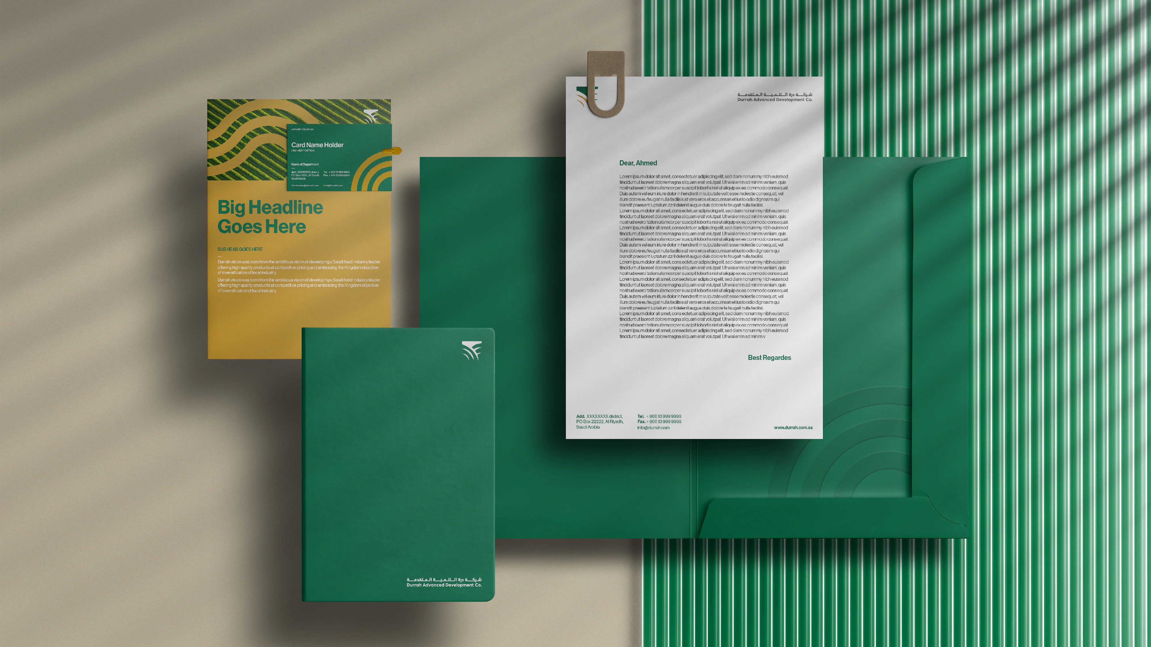 Branded stationery for Durrah Sugar, including brochures, letterhead, folder, and business card with green and yellow design elements.