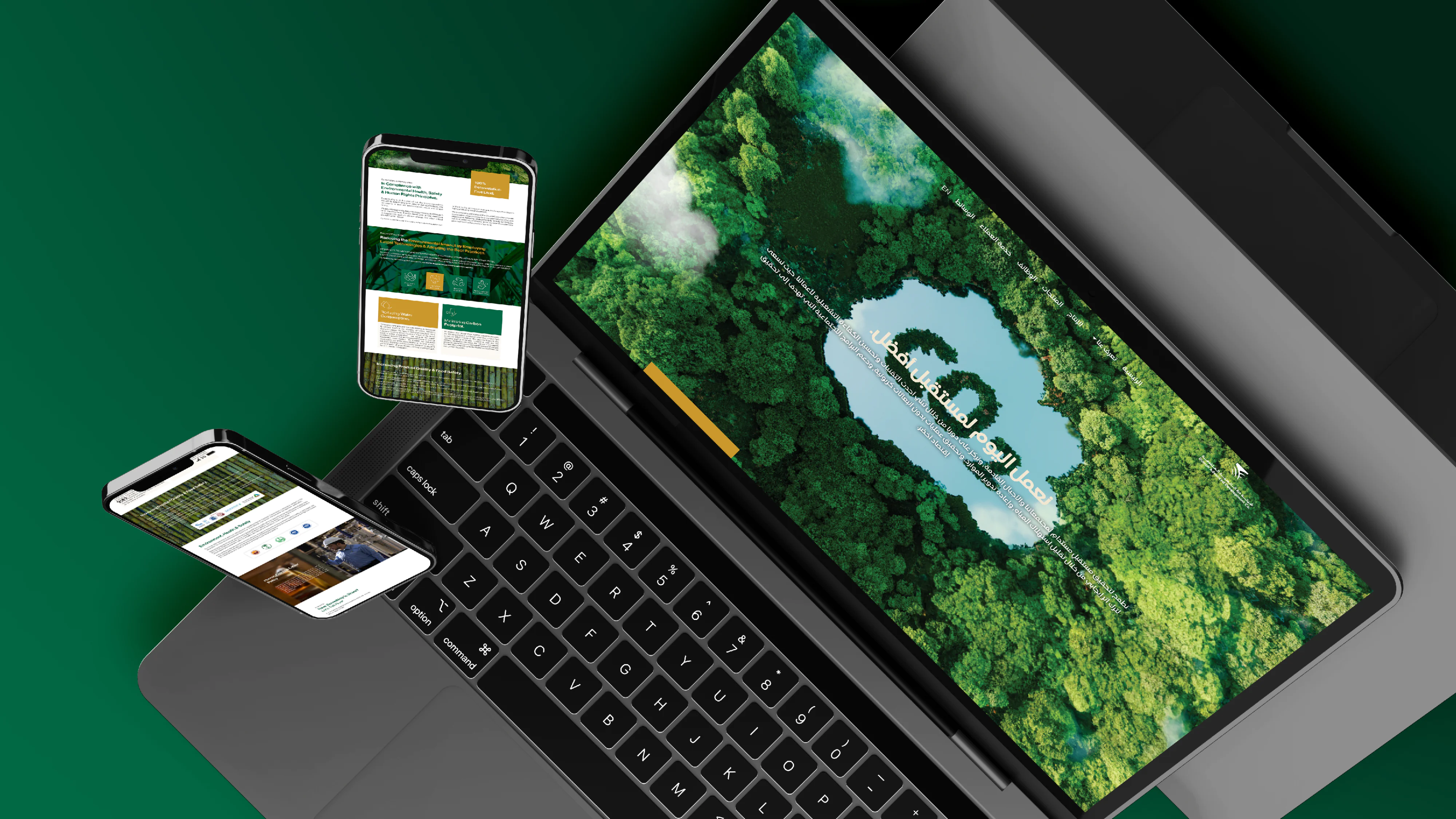 Responsive website design displayed on a laptop and smartphones, featuring environmental imagery and sustainability-focused content