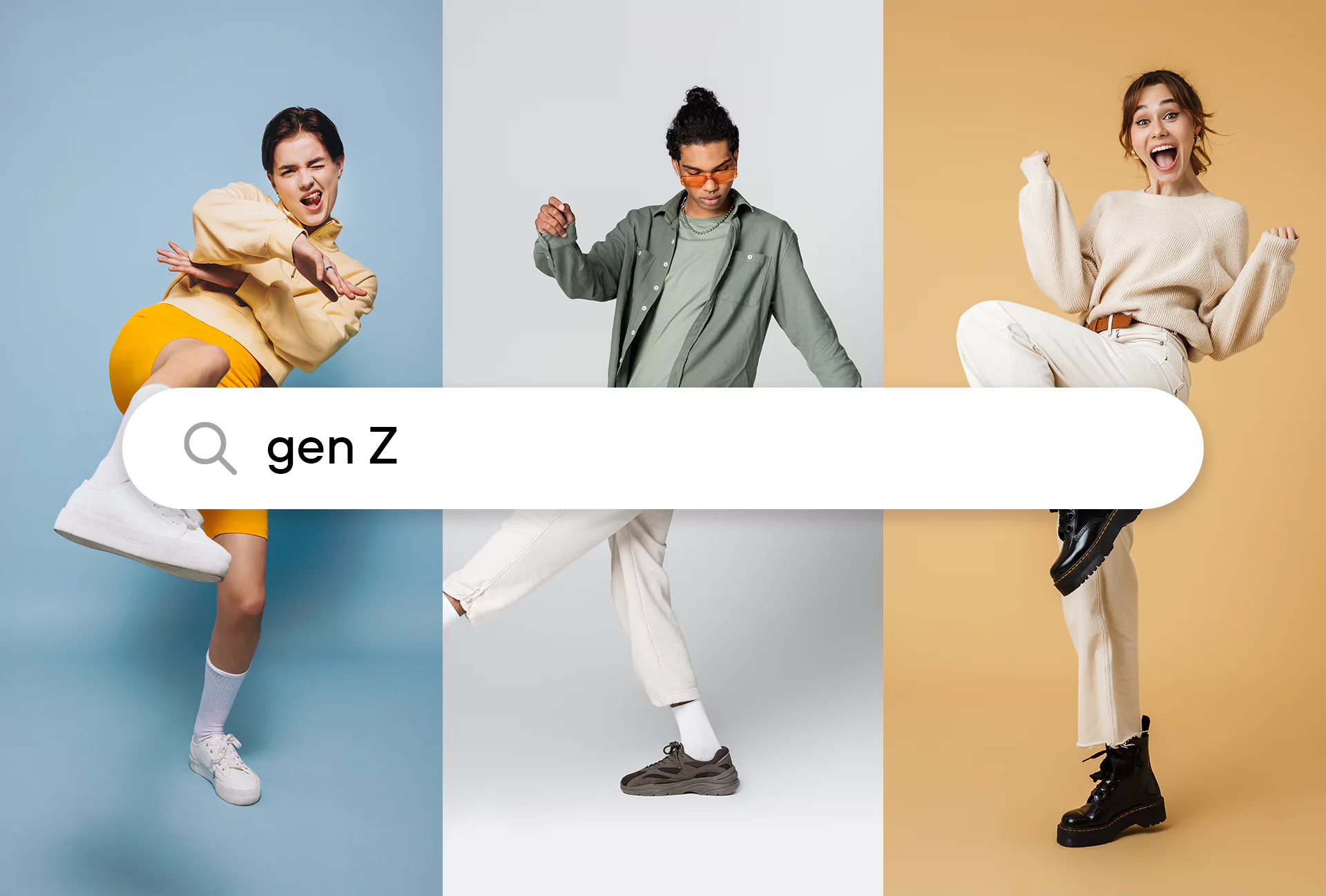 Three Gen Z individuals posing in colorful outfits with a search bar displaying 'gen Z' in the foreground