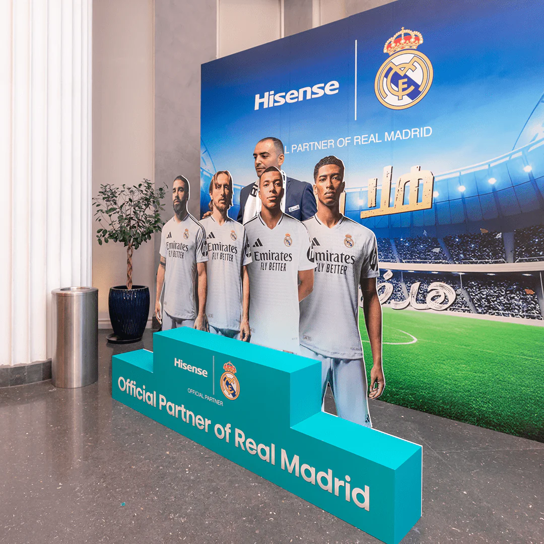 Standee featuring Real Madrid players at the Hisense Real Madrid event with official partnership branding