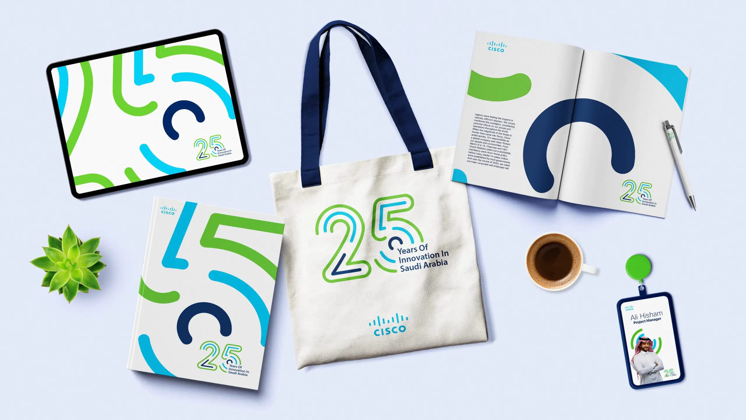 25th anniversary branding for Cisco in Saudi Arabia, showcasing custom logo design on various promotional materials, celebrating innovation and growth