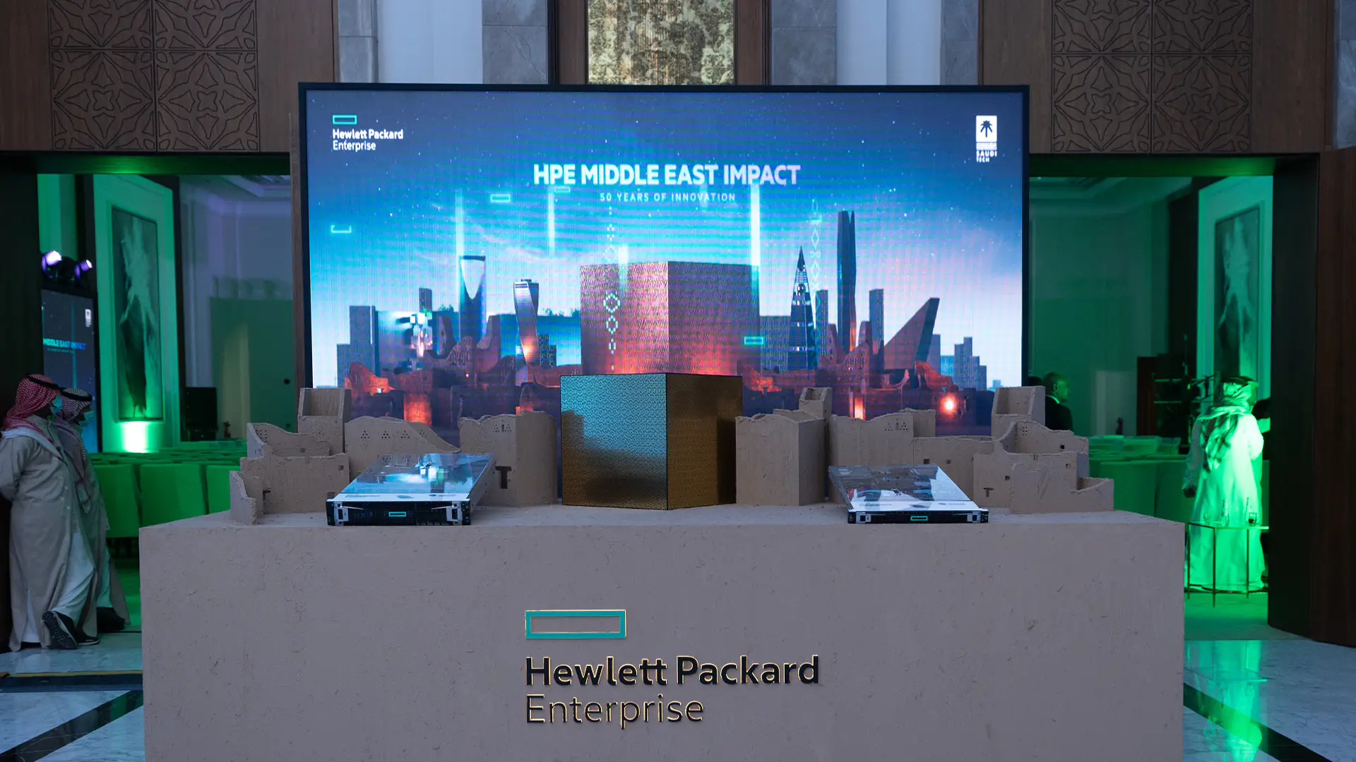 HPE Middle East Impact display blending Saudi culture and future, celebrating 50 years of innovation and progress