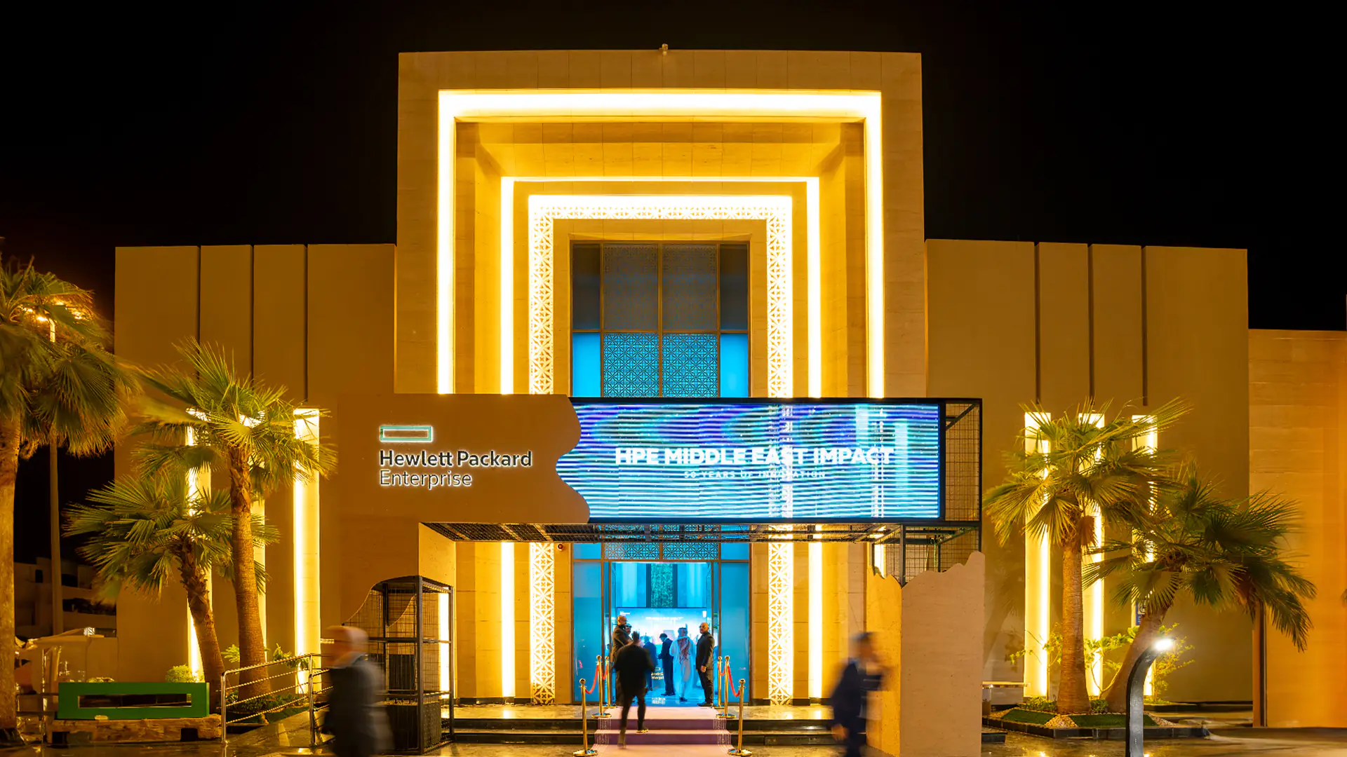 Elegant night event entrance for HPE Middle East Impact, celebrating 50 years of innovation and excellence in event management