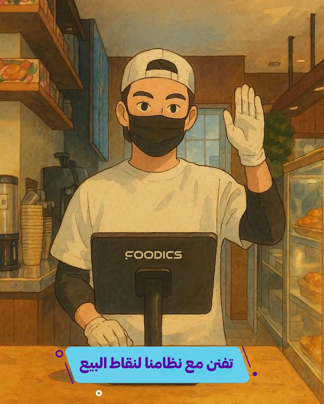 Illustrated masked cashier in gloves waving behind a Foodics POS terminal, with an Arabic caption about sales-point technology.