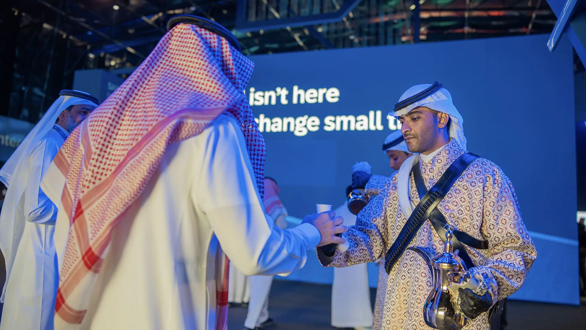 Traditional Saudi coffee served to guests inside the SAP NOW AI Tour main hall.