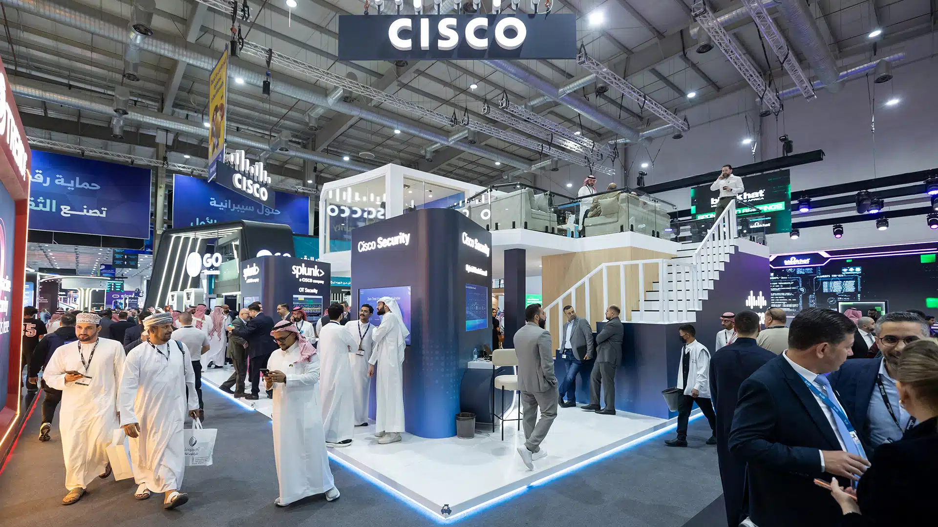 Cisco booth exterior showing staircase to upper deck and private meeting level at Black Hat 2025.